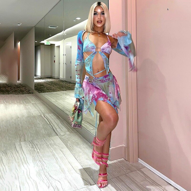Tie Dye Print Ruffles Mesh Butterfly 3 Piece Set Women Sexy Flare Sleeve Cape + Lace Up Halter Camis Crop Tops + Mini Skirts