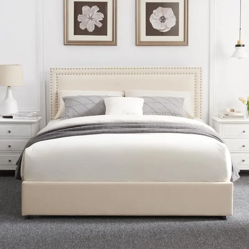 寝室の家具用の布張りのプラットフォーム,4つの収納引き出し付きのベッドフレーム,調節可能なベルベットのヘッドボード