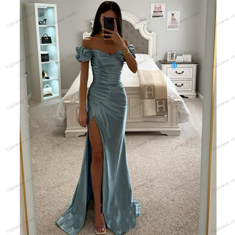 Gaun malam Vintage gaun Prom ketat Satin jubah bahu terbuka untuk pesta Formal elegan seksi belahan tinggi gaun pesta