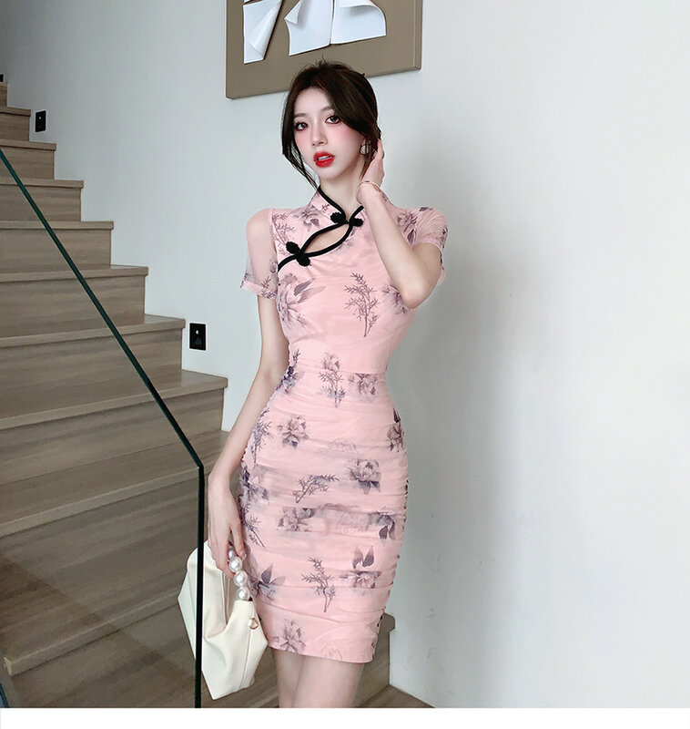 Vestido Cheongsam plisado de manga corta para mujer, minivestido Sexy, estampado Retro, alta calidad, 2024