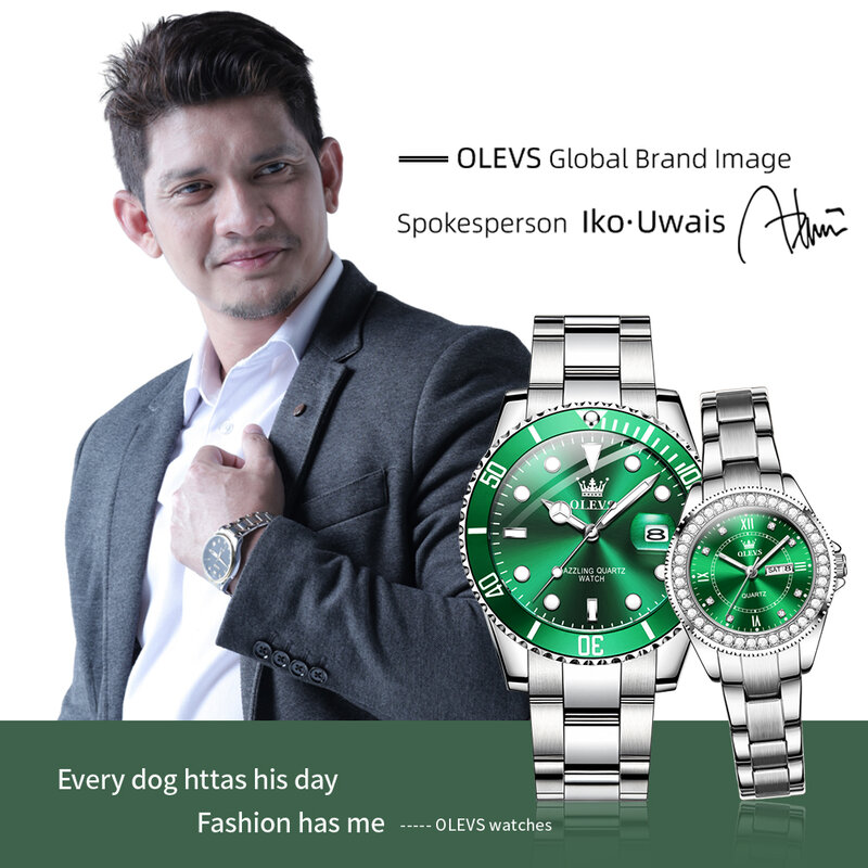 นาฬิกาควอตซ์แบรนด์หรู OLEVS แบบดั้งเดิมกันน้ำสีเขียวสำหรับผู้ชายและผู้หญิงนาฬิกาข้อมือคู่รักโรแมนติกปฏิทินสัปดาห์