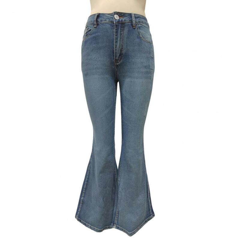 Jeans perna larga para as mulheres, cintura alta queimado jeans com bolsos cor gradiente, slim fit, retro chique