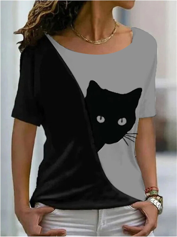 Женская футболка с принтом в виде кошки, Повседневная футболка с круглым вырезом, пуловер на каждый день, уличная одежда, лето 2022