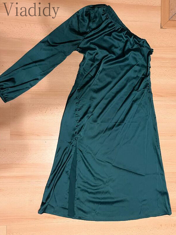 여성용 우아한 원 숄더 사이드 슬릿 랜턴 슬리브 새틴 파티 드레스
