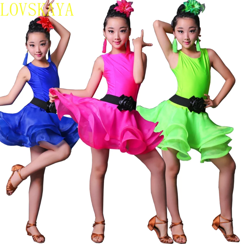 Vestido profissional de dança latina para meninas, salão de baile e salsa dance wear, roupas infantis, trajes infantis de festa infantil, azul e vermelho