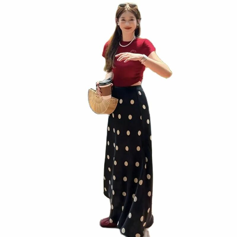 女性用の長くて伸縮性のあるTシャツとスカート,プリントされたエレガントなサテンの服,ハイウエスト,空中ブランコのスカート,春,y2k,2024