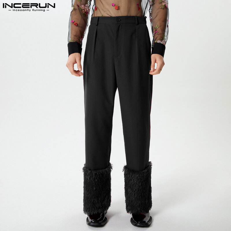 Incerun Men's Plush Patchwork Button Pants, Loose Casual Calças Retas, Personalidade Moda Streetwear, S para 5XL, 2024