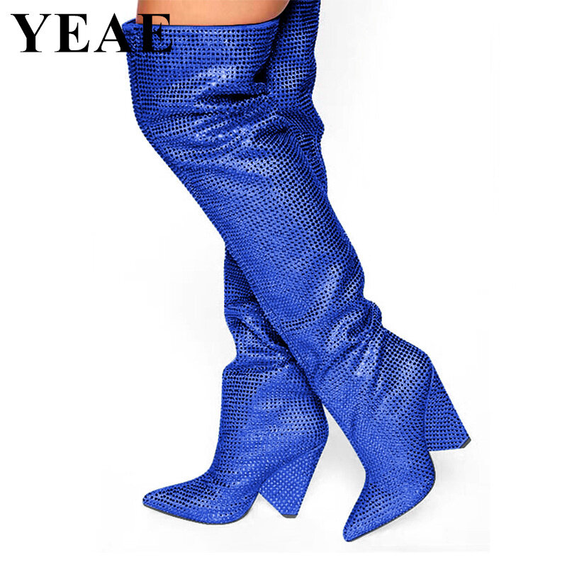 Luxury Rhinestone Spike Heel Over The Knee Boots Women Bling Crystal High Heel Party Shoes Female Pointed Toe Thigh High Boots