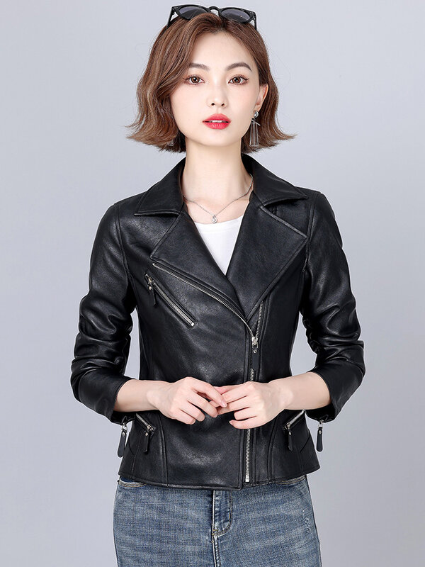 New Women Moto Leather Jacket Fashion Classic Suit Collar Slim Biker Coat Split Leather Outerwear Sheepskin Tops Coat Female