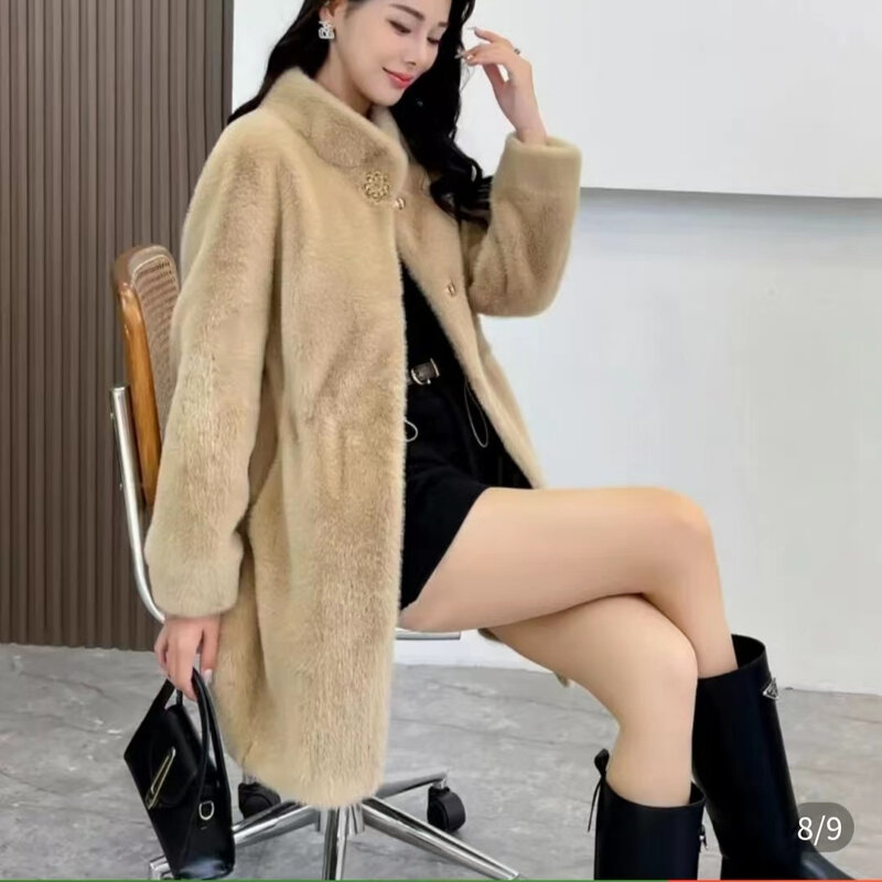 Manteau en fourrure artificielle pour femme, chauffe-cou en velours de sable doré, vêtements d'hiver, longueur moyenne