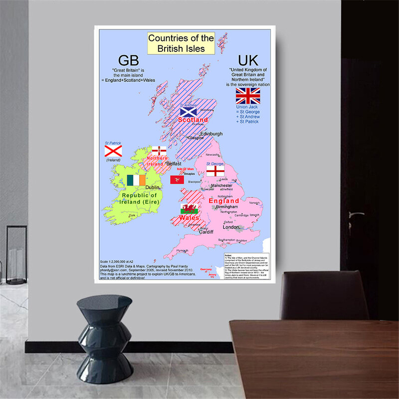 Póster Artístico del mapa del Reino Unido, lienzo no tejido, pintura, pegatina de pared, tarjeta, decoración del hogar, suministros escolares, 100x150 Cm