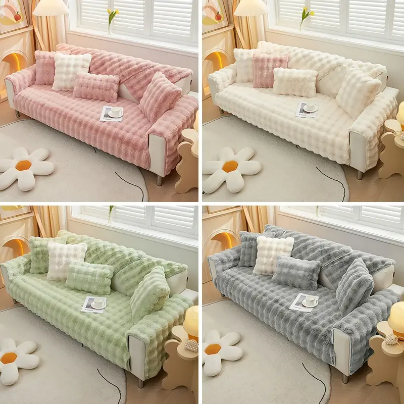 Funda de sofá de felpa de conejo cálido, manta de terciopelo rosa para sala de estar y el hogar, otoño e invierno, nueva