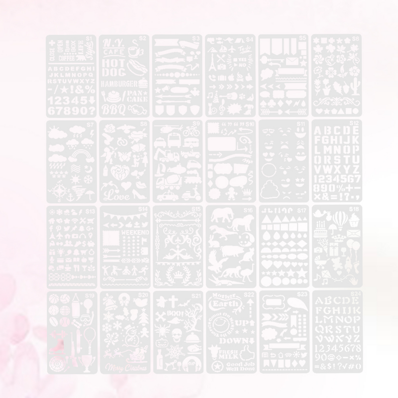 24 lembar stensil Gambar pola berbeda stensil lukisan skala gambar templat untuk DIY membuat buku harian