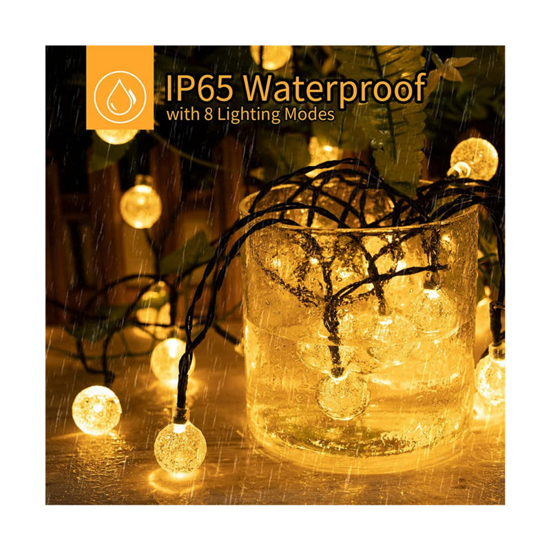 Outdoor Crystal Globe String Lights, Solar Powered Pátio Luz, 8 modos, Impermeável