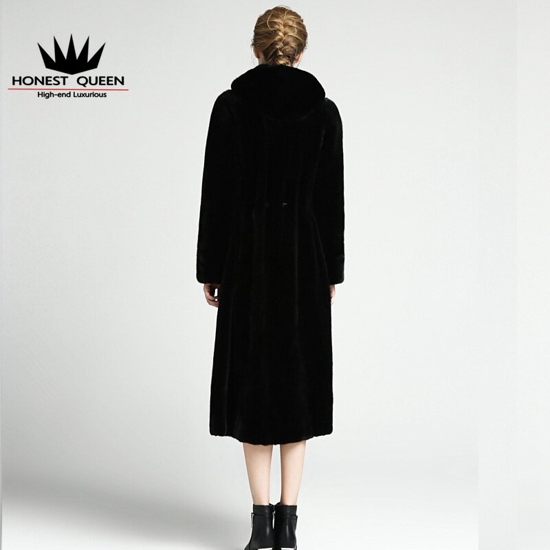 Mantel Bulu Cerpelai Panjang Wanita, Mantel Bulu Cerpelai Panjang Modis Bertudung Hangat Tebal Natural Furs untuk Wanita