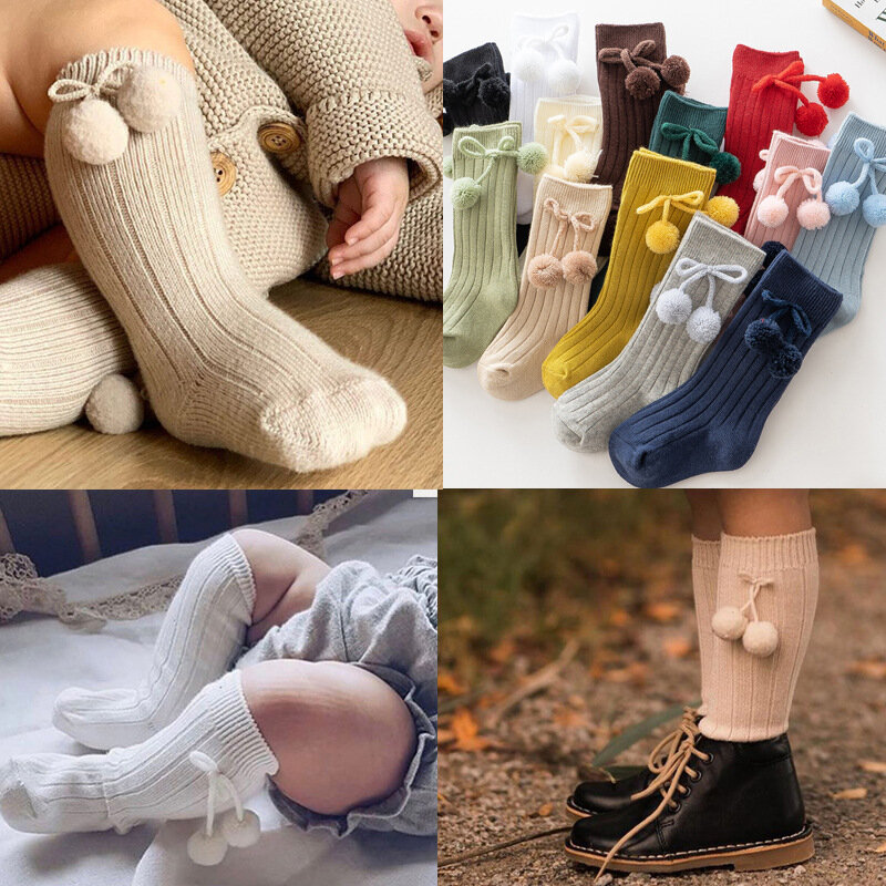 Medias de algodón hasta la rodilla para bebé, calcetines largos de tubo con lazo Pom para niña, calcetín de punto Kawaii, calentador de 0 a 4 años, Otoño e Invierno