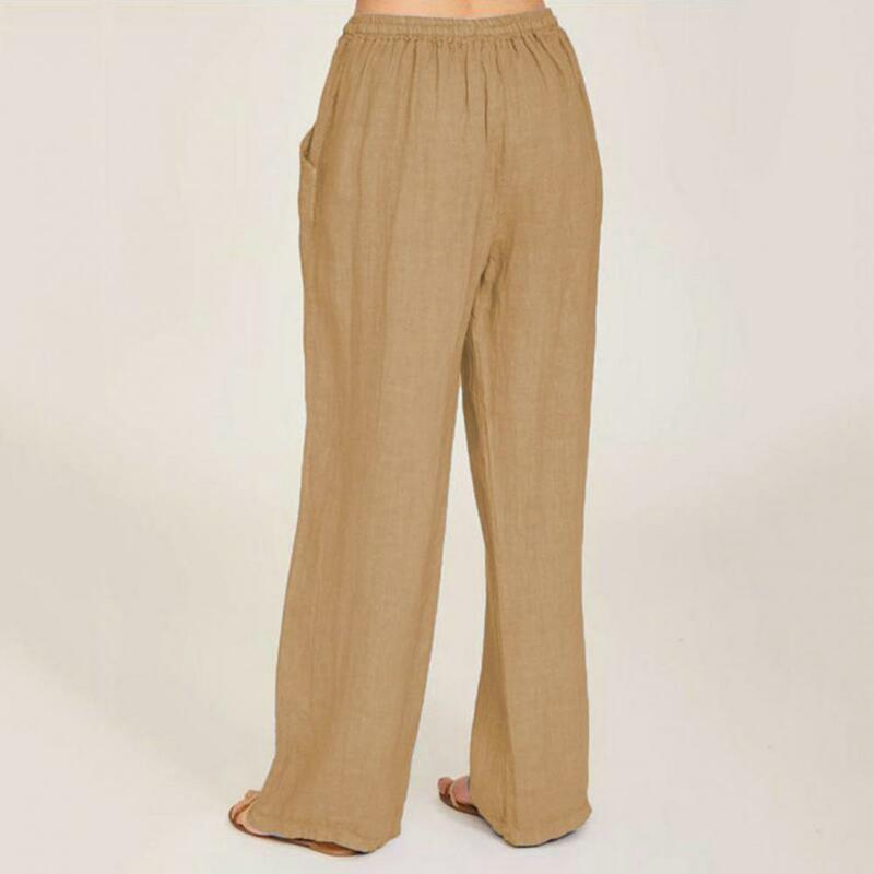 Celana panjang nyaman wanita, celana panjang longgar dengan saku tali pinggang elastis untuk pakaian kasual polos