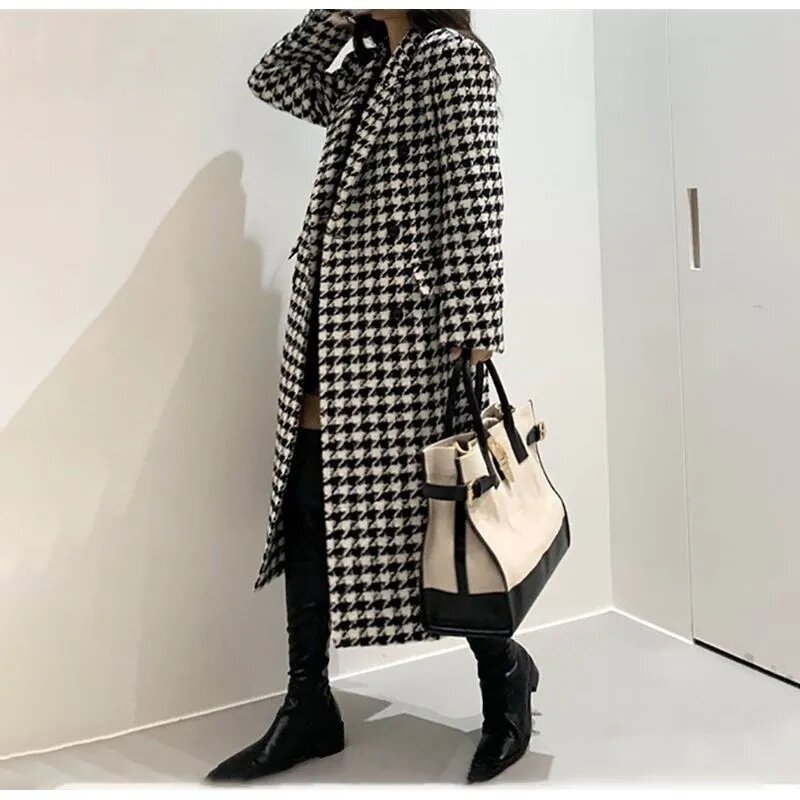  Women'S 2024 Autumn And Winter New Fashion Classic Thousand Bird Checker Mid Length Over Knee Woolen Coat