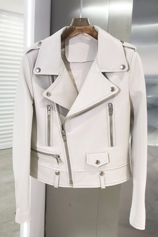 Jaket Kulit Kasual Pendek Wanita Mantel Wanita Mode Musim Semi Musim Gugur Jaket Kulit Motor Putih Mantel Kulit Asli Zm1518