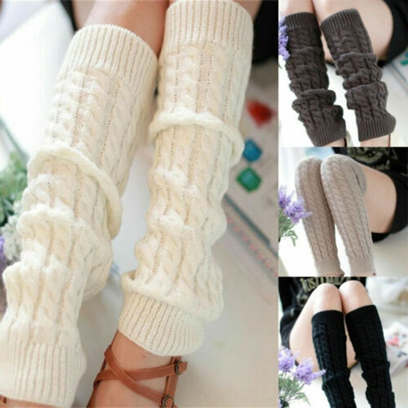 Meias de malha longa de crochê para mulheres, capa de bota, Leggings térmicas, meias de malha de cabo, inverno