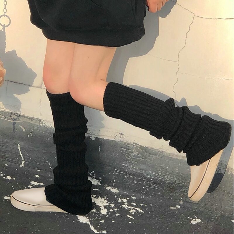 Черные длинные носки в стиле "Лолита", женские гетры, вязаные теплые зимние однотонные теплые шерстяные леггинсы, вязаные носки