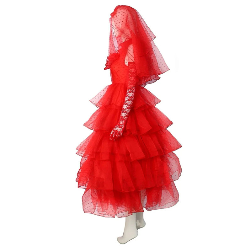 Beetle JUICE lydia ชุดคอสเพลย์ผู้หญิงชุดแต่งงานเจ้าสาวสีแดงลายด้วงน่ากลัวหมวกฮาโลวีนปาร์ตี้ปลอมตัวผู้หญิงผู้ชาย