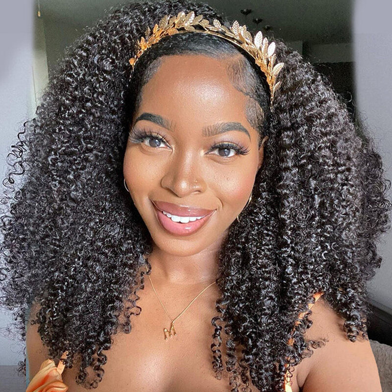 Afro Kinky Curly Human Hair Headband Wig For Black Women 180% Density Glueless Brazilian Remy Full Machine Made Hair Half Wig