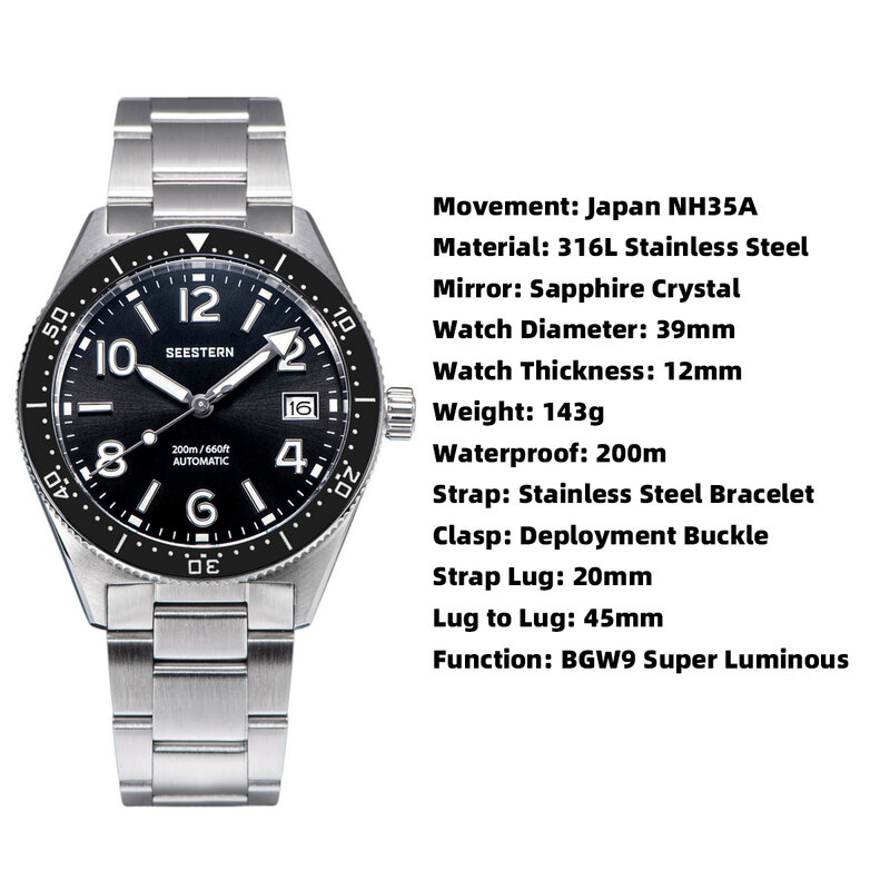 SEESTERN-Relógio de mergulho automático masculino, relógios de pulso mecânicos, movimento NH35, moldura de cerâmica, 20Bar, Sapphire Luminou, S434 V2