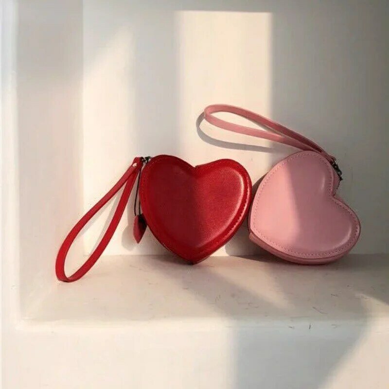 Mini porte-monnaie en forme de cœur rouge pour femme, portefeuille, porte-monnaie à la mode, sac à long bracelet, étui pour femme, shopping, pochette, poudres, cuir