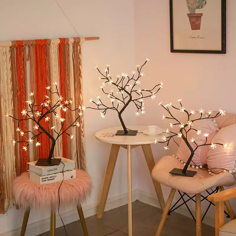 Luz de árbol de flor de cerezo alimentada por USB, flor Artificial, bonsái, luz nocturna para fiesta en casa, decoración de Navidad y primavera, 24/48 led