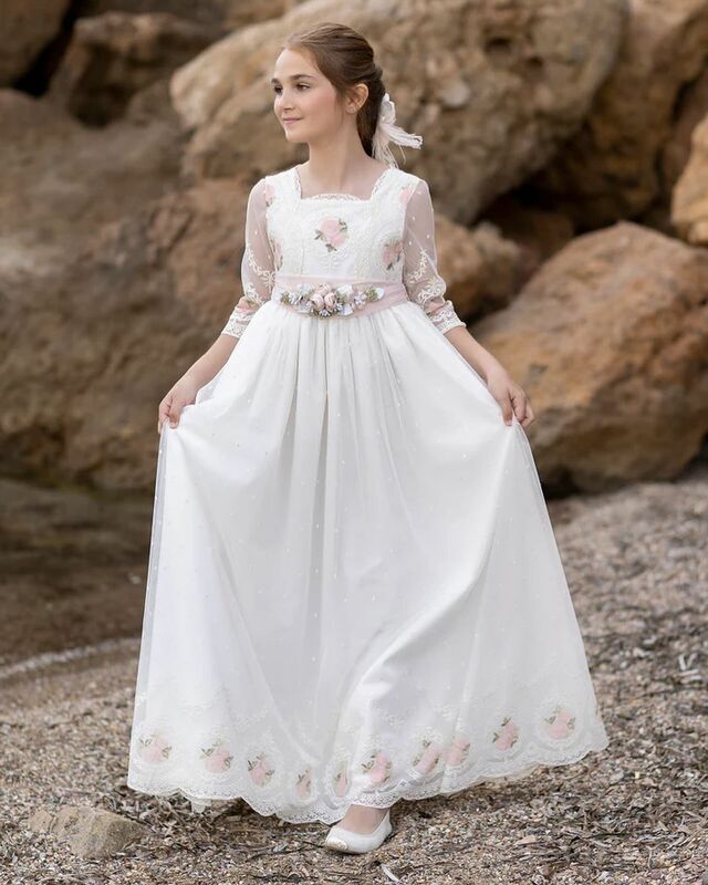 FATAPAESE Fairy Flower Girl Kid Dress Princess Lace Floral Ribbon Pink Bow Belt Bridemini Junior Bridesmaid Wedding Party Gown