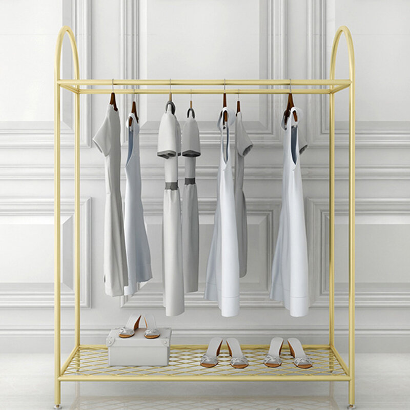 Tienda de ropa personalizada de lujo para mujer, Boutique personalizada, estante de isla colgante de exhibición de ropa de Metal dorado