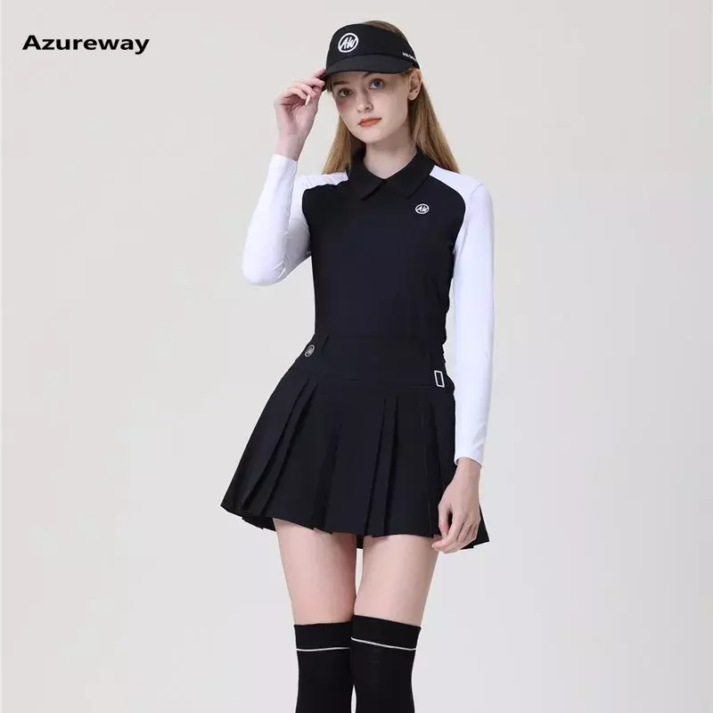 Azureway Frauen Revers Golf Shirts Herbst Langarm elastische Bluse Lady Golf Culottes mit kleinen Tasche Plissee Skorts Set