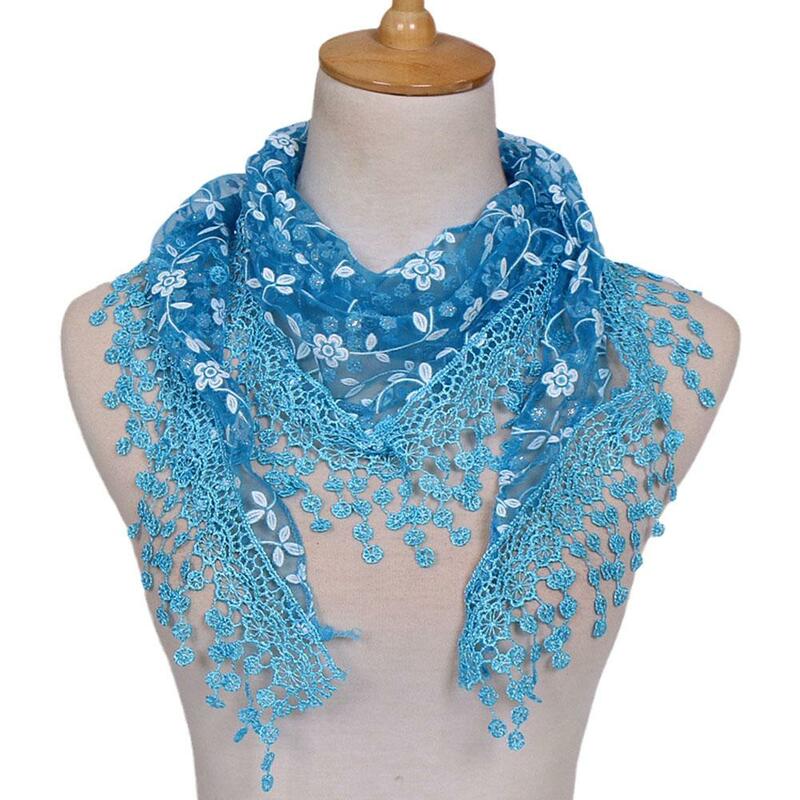 Lace Hollow Scarf para mulheres, respirável, transparente, xale, elegante, cor sólida, padrão de flores, Tria, L9q4