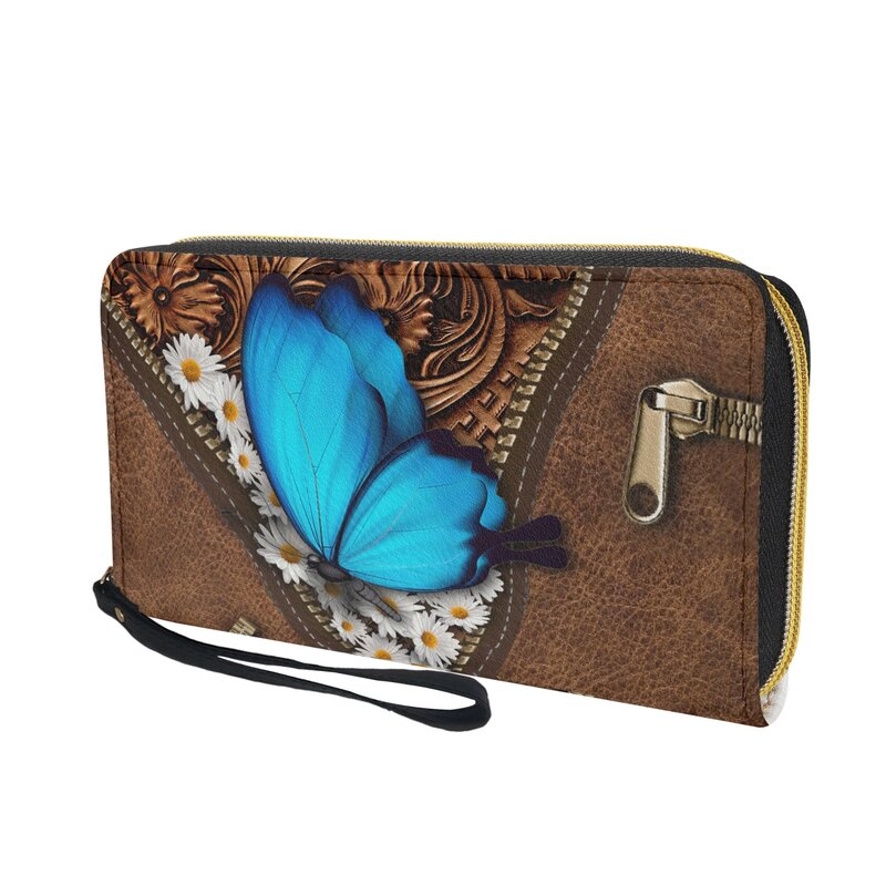 Bolso de mano largo con diseño de Margarita para mujer, mariposa azul con diseño de cartera de mano, multifunción, tarjetero de cuero, 2023