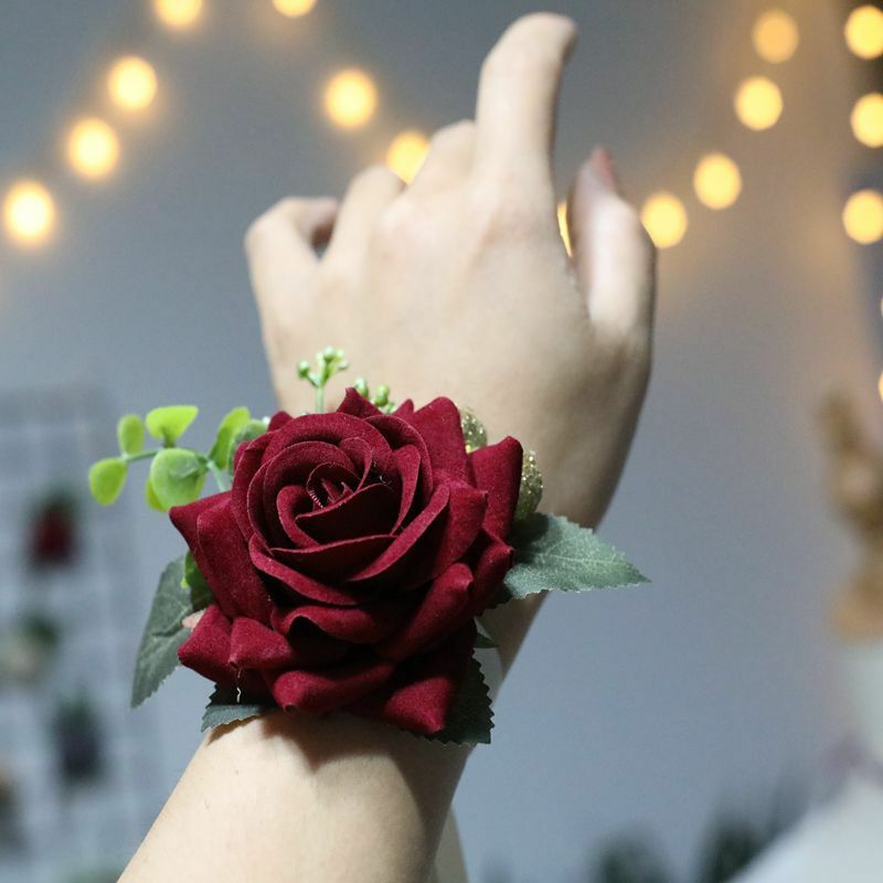 Gelang pernikahan korsase pergelangan tangan kain untuk pengiring pengantin bunga tangan mawar palsu Aksesori pernikahan untuk tamu
