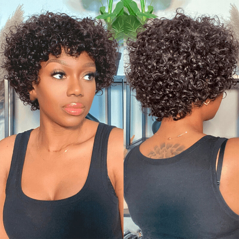 Afro perwersyjne kręcone fryzura Pixie peruki ludzkie włosy 180% gęstość naturalne czarne włosy doczepiane pełne maszyny bezklejowe peruki dla kobiet