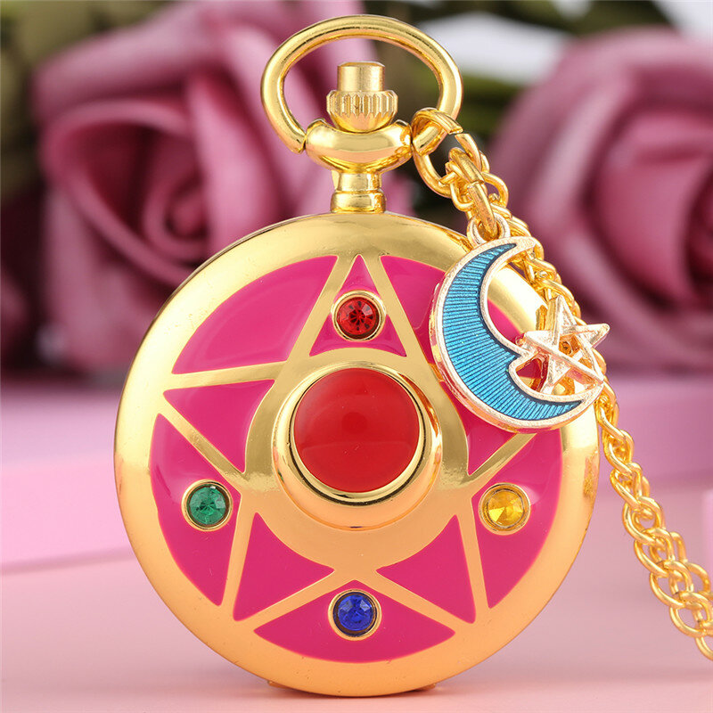 Reloj de bolsillo de cuarzo con diseño de pentagrama/luna/gato para mujer y niña, cadena de suéter, regalo, Cosplay japonés creativo
