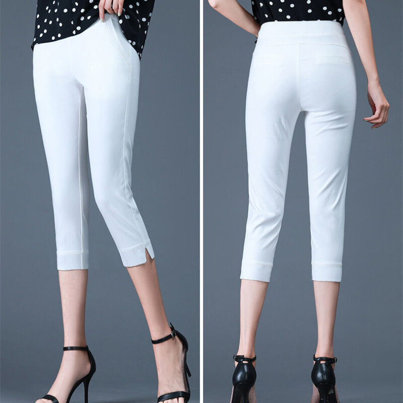 Celana Kapri Fashion Korea wanita 2023, celana pensil wanita pinggang tinggi kasual musim semi musim panas celana panjang betis putih