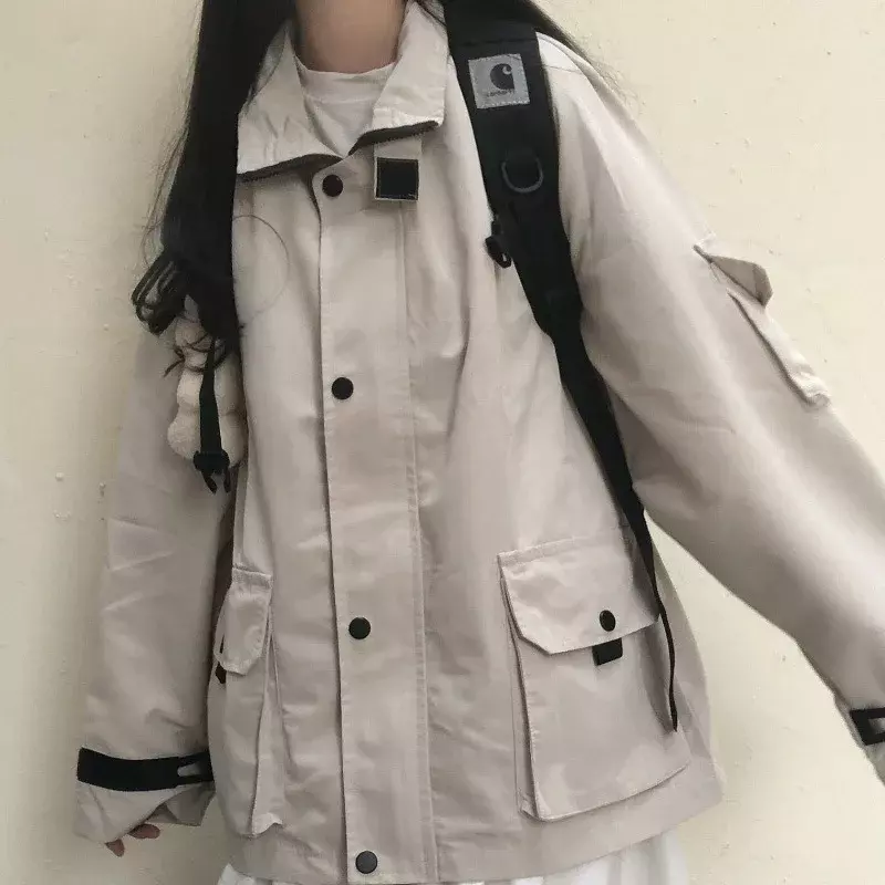 Kurtki typu Basic damska wiosenna odzież wierzchnia Feminino z długim rękawem, luźna, BF Harajuku elegancki studentom, dopasowana do nowej modnej jednolity, z kieszenią Cargo