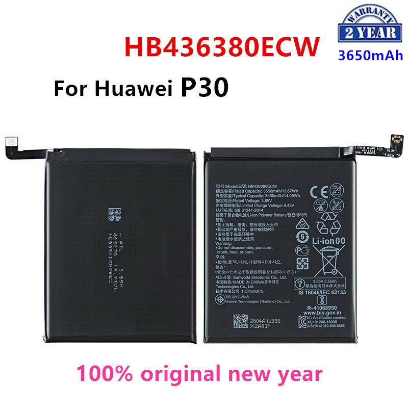 Bateria para Huawei P30 ELE-L09 ELE-L29 ELE-AL00 ELE-TL00, HB436380ECW, 3650mAh, 100% Original, Baterias Do Telefone Móvel