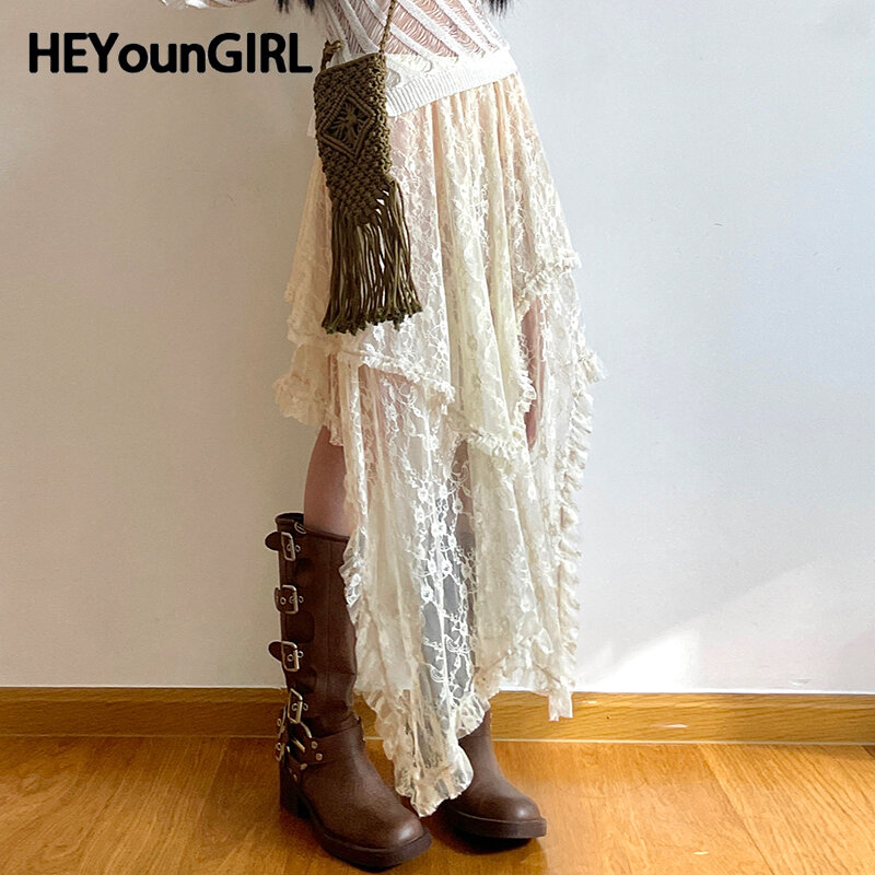 HEYounGIRL koronkowe asymetryczna spódnica Fairycore świąteczne damskie ubrania z wysokim stanem modne śliczne spódnice w stylu Vintage estetyczna dama