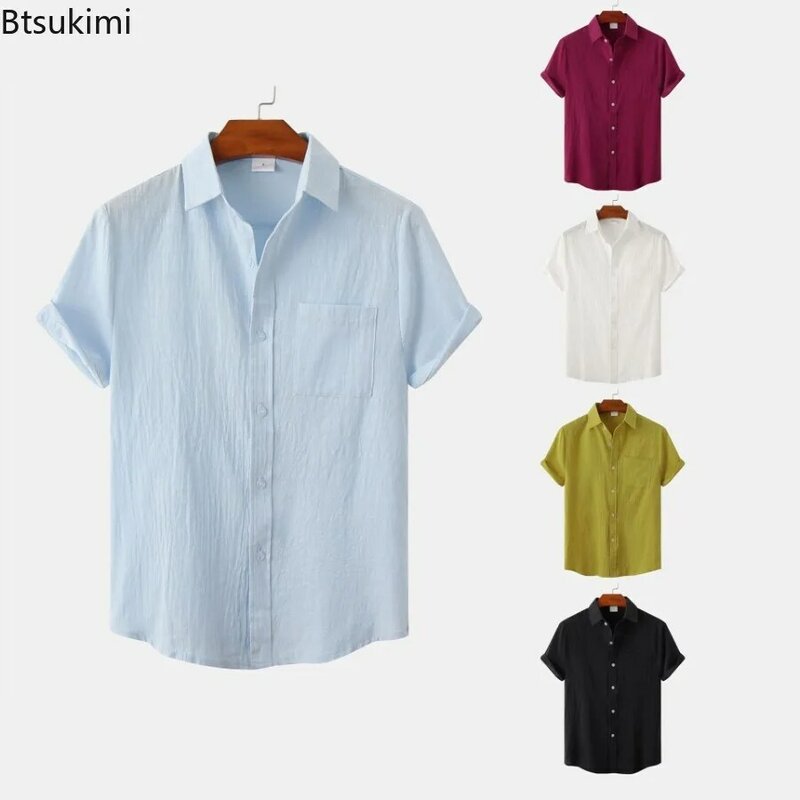 Мужская Однотонная рубашка с коротким рукавом, повседневная Простая рубашка из хлопка и льна в китайском стиле с лацканами, лето 2024