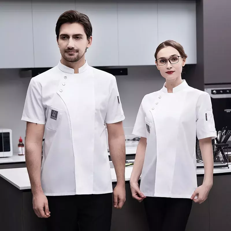 Белый фартук, дышащая черная рубашка шеф-повара с рукавами, короткая женская куртка для кухни, униформа для ресторана, Мужская Рабочая одежда