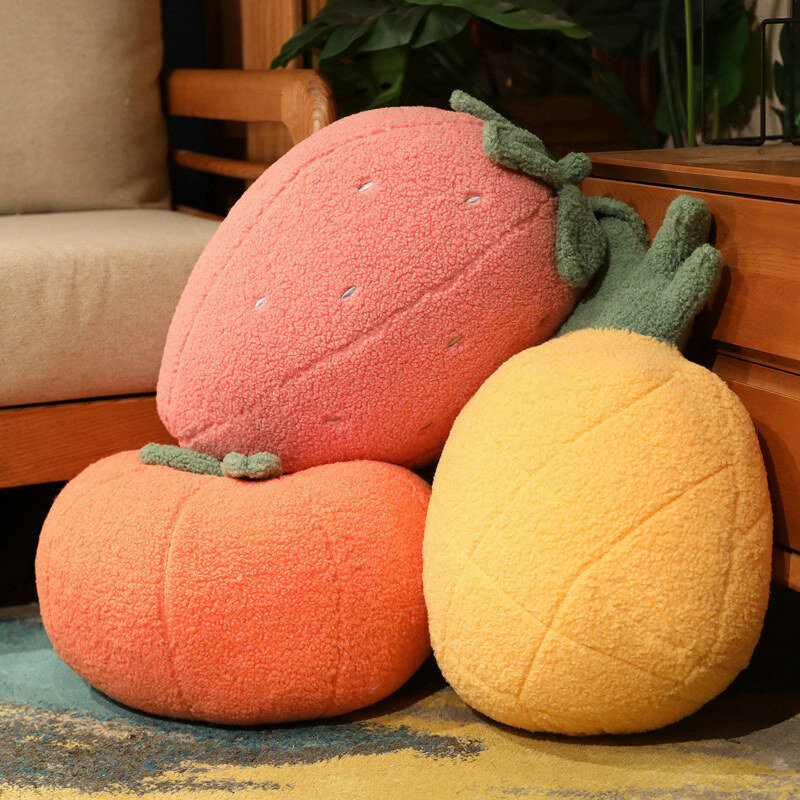 ぬいぐるみの絵が描かれた枕,3Dシミュレーション,ぬいぐるみ,食品のぬいぐるみ,オレンジのイチゴ,枕クッション,家の装飾
