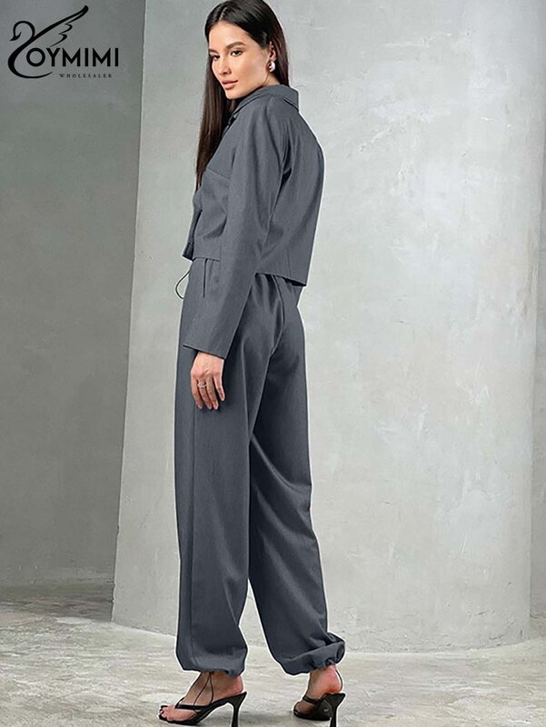 Yomimi-女性用2ピース衣装セット、長袖、ダブルブレストシャツ、ハイウエスト足首丈パンツ、グレーファッション