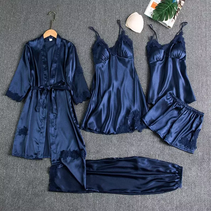 New Women's pajama Satin 5PCS Summer Lace Patchwork Sexy Women Nightwear Thin Style Robe Sleep Suit Nightdress With Chest Pads