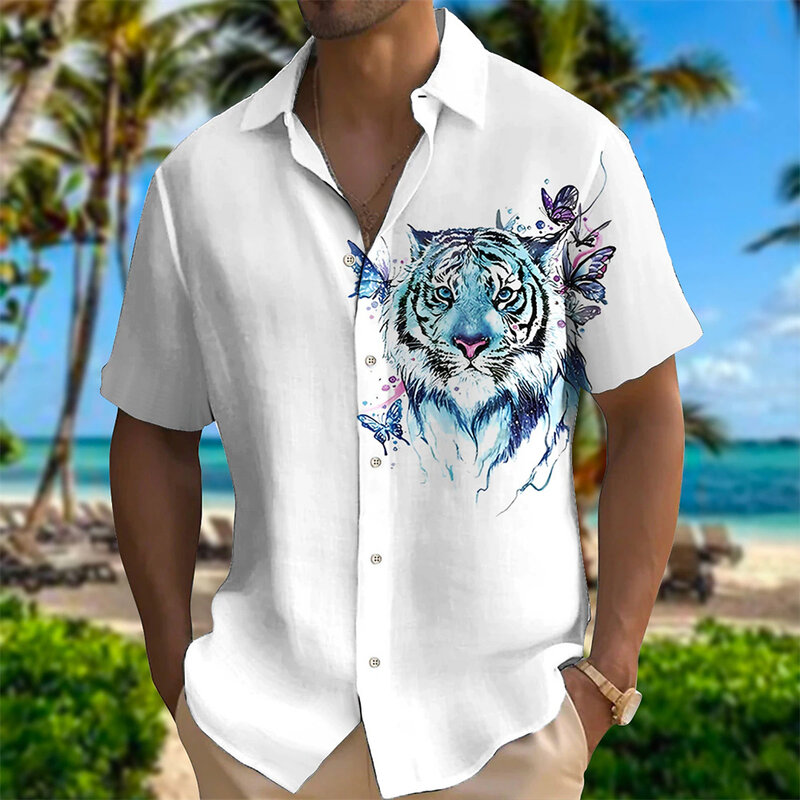قميص رجالي بأزرار بأكمام قصيرة بطباعة ثلاثية الأبعاد من شجرة جوز الهند ، ملابس بتصميم غير رسمي ، منتجع عالي الجودة ، ياقة قلاب ، موضة