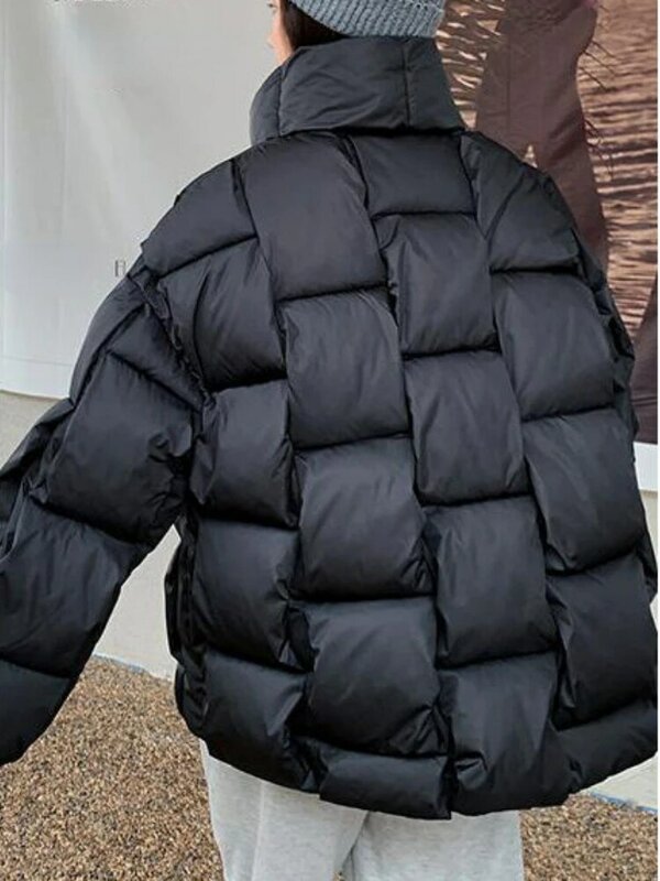 Chaqueta de plumón tejida a cuadros tridimensional para mujer, abrigo de moda, sólido, cálido y grueso, invierno, 2023