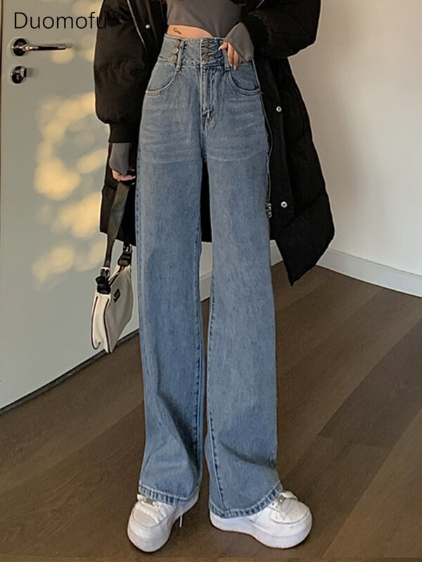 جينز مستقيم فضفاض بأزرار أنيقة من Duomofu للنساء ، أزياء نسائية عتيقة ، خصر مرتفع ، جينز أساسي ضيق بطول كامل للصيف